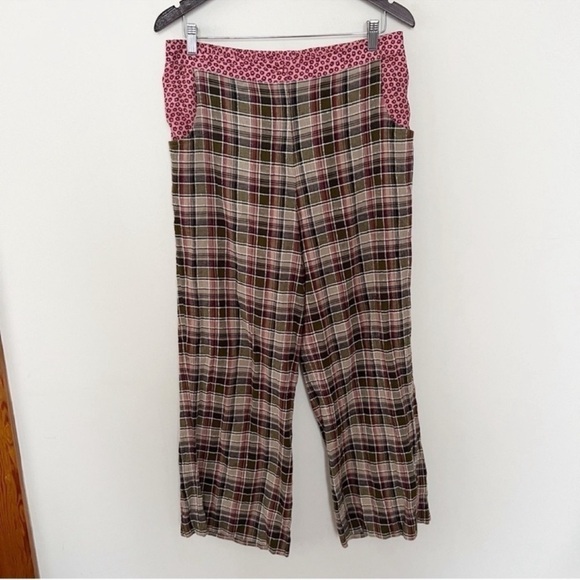 Anthropologie Plaid Floral Waistband Wide Leg Pants Pink/Brown Size 10 Cotton - Picture 1 of 10